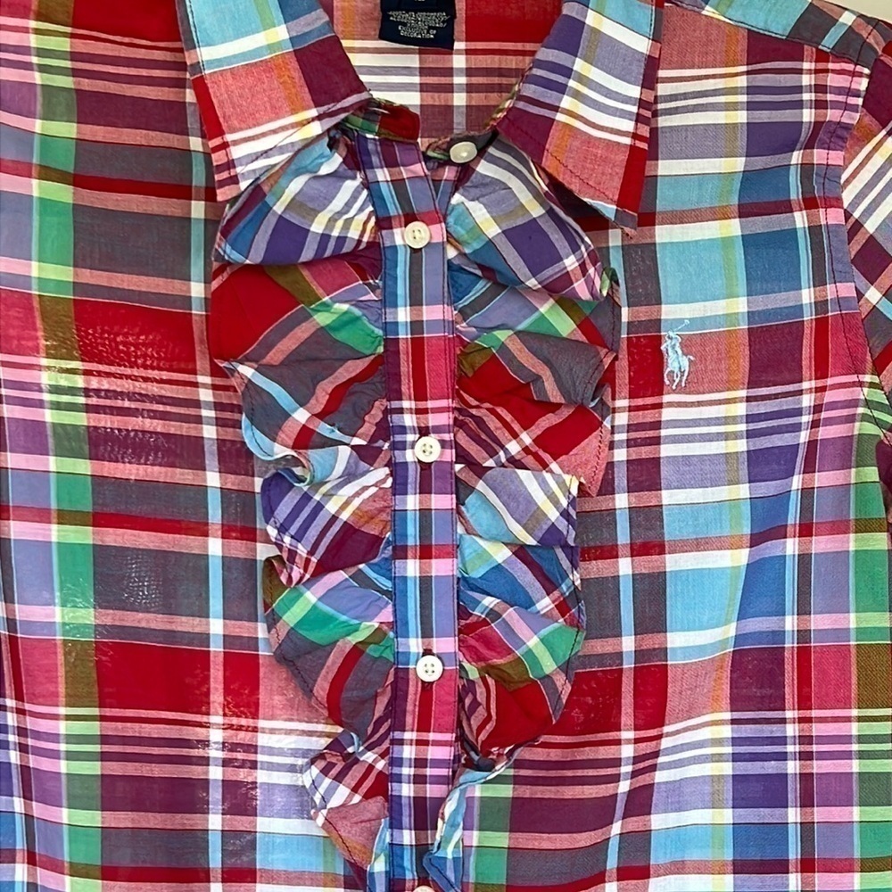 GIRLS pastel plaid ruffled front blouse - Picture 3 of 8